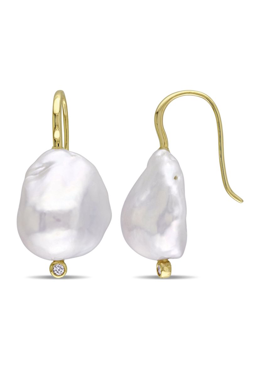 14-14.5 Millimeter Cultured Freshwater Baroque Pearl and Diamond Hook Earrings in 14k Yellow Gold