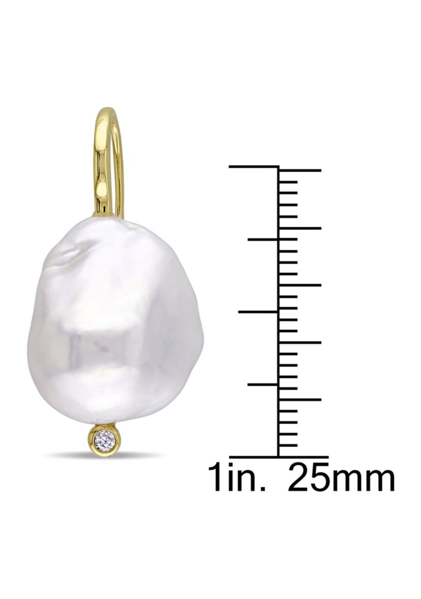 14-14.5 Millimeter Cultured Freshwater Baroque Pearl and Diamond Hook Earrings in 14k Yellow Gold