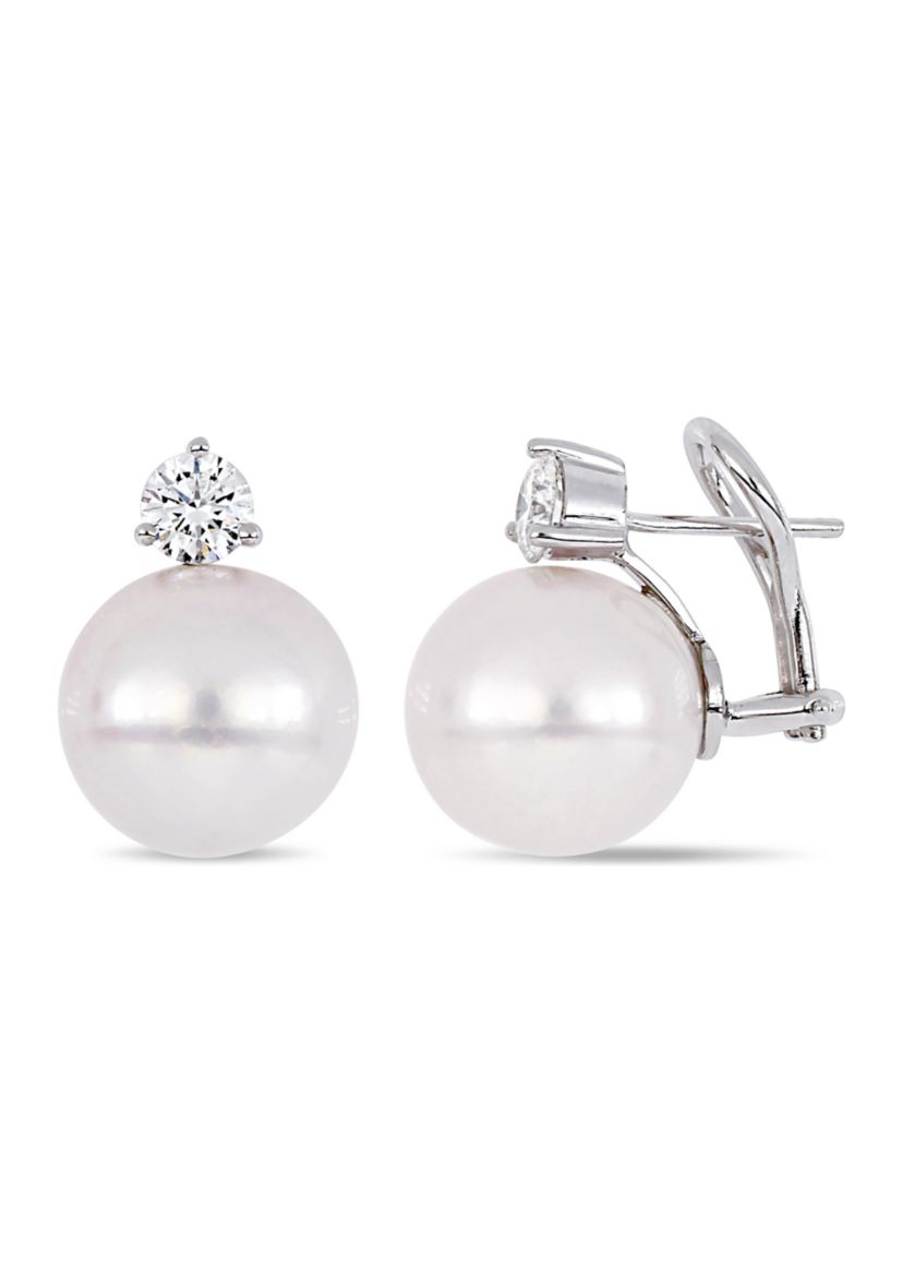 13-14 Millimeter Cultured Freshwater Pearl and 1 ct. t.w. Diamond Stud Earrings in 18k White Gold