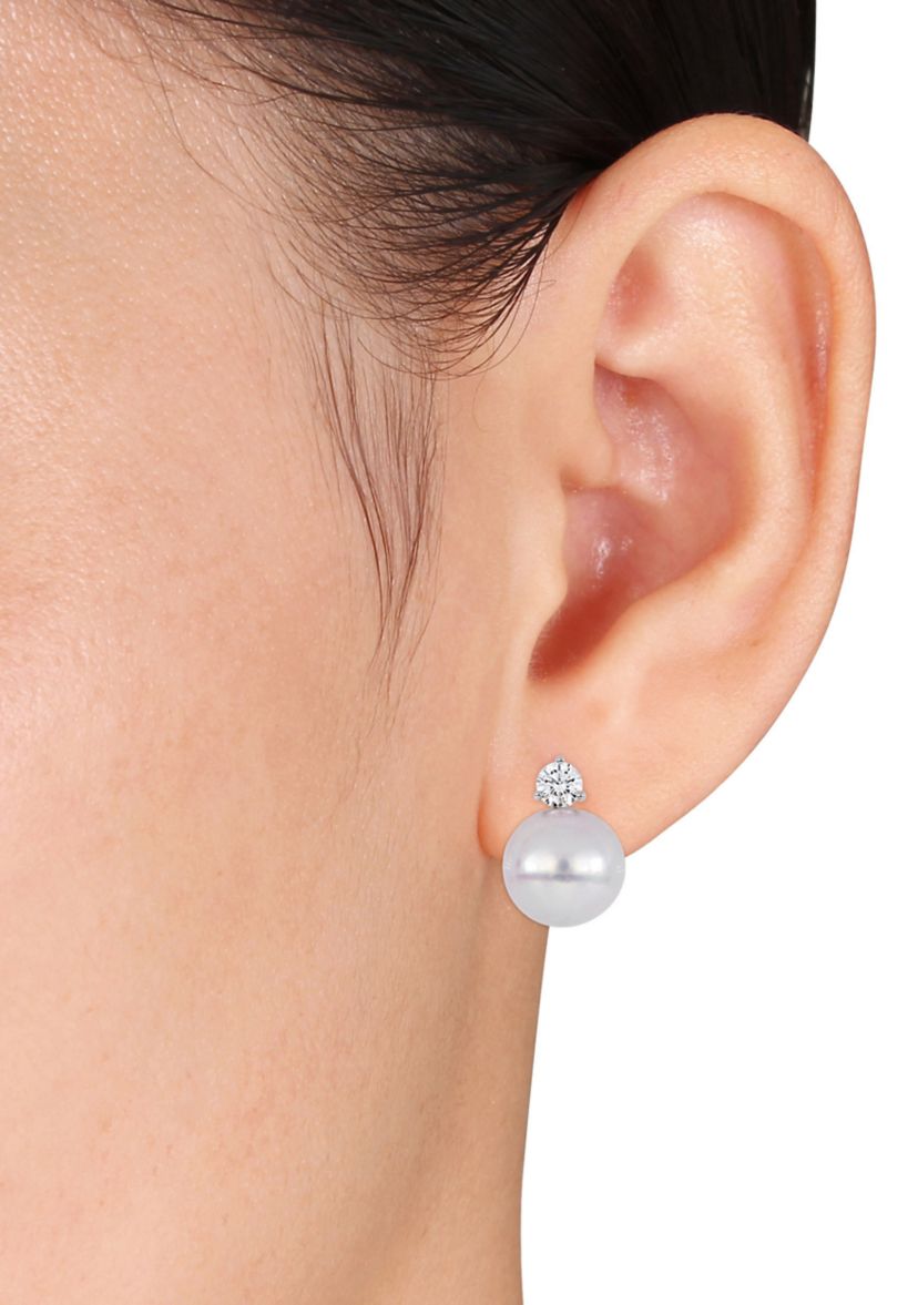 13-14 Millimeter Cultured Freshwater Pearl and 1 ct. t.w. Diamond Stud Earrings in 18k White Gold