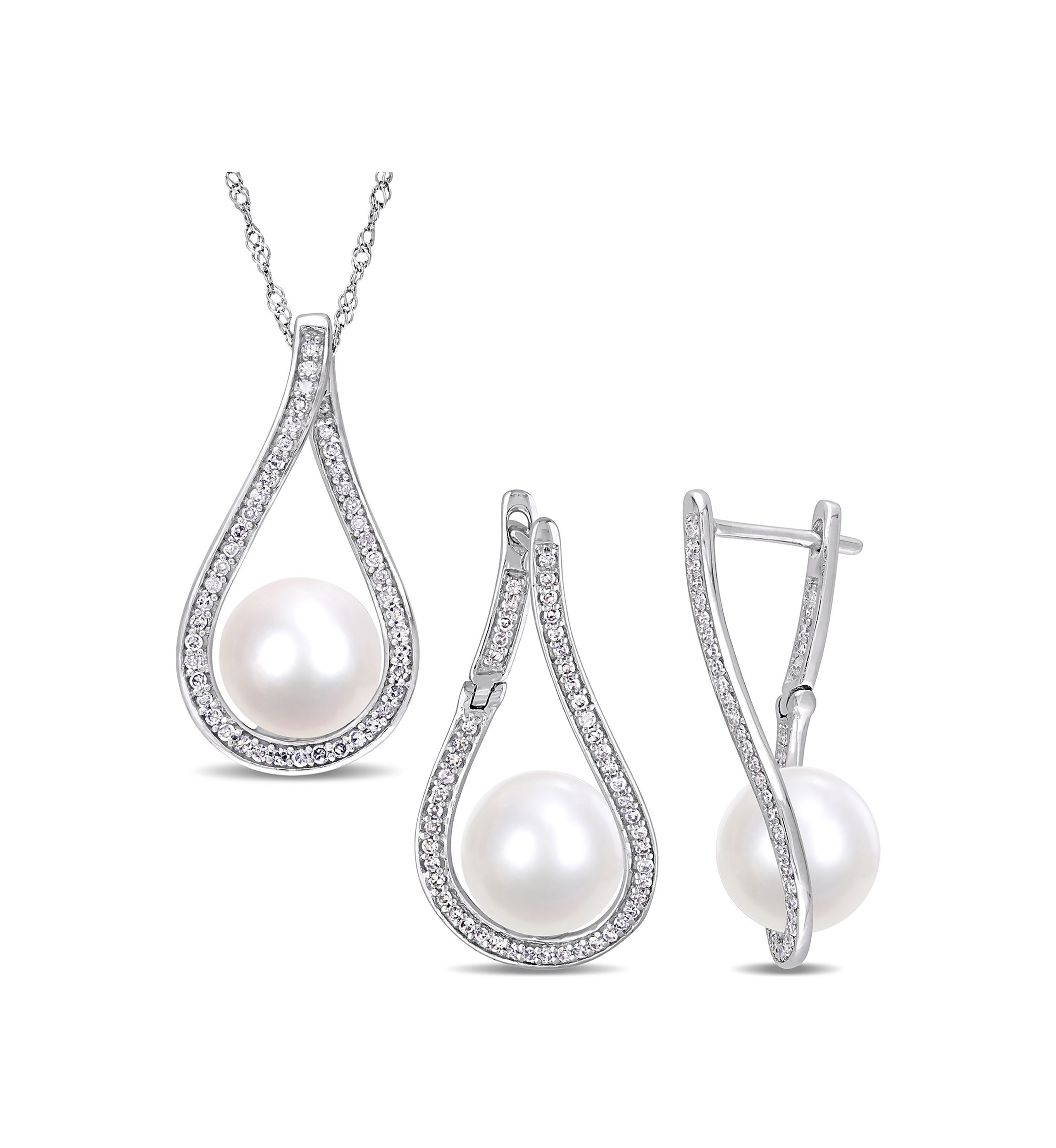 2-Piece Set 9-9.5 Millimeter Cultured Freshwater Pearl And 1/2 ct. t.w. Diamond Teardrop Earrings and Necklace In 14K White Gold