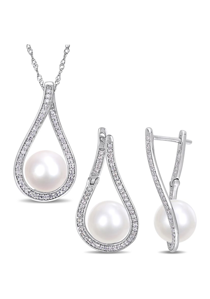 2-Piece Set 9-9.5 Millimeter Cultured Freshwater Pearl And 1/2 ct. t.w. Diamond Teardrop Earrings and Necklace In 14K White Gold