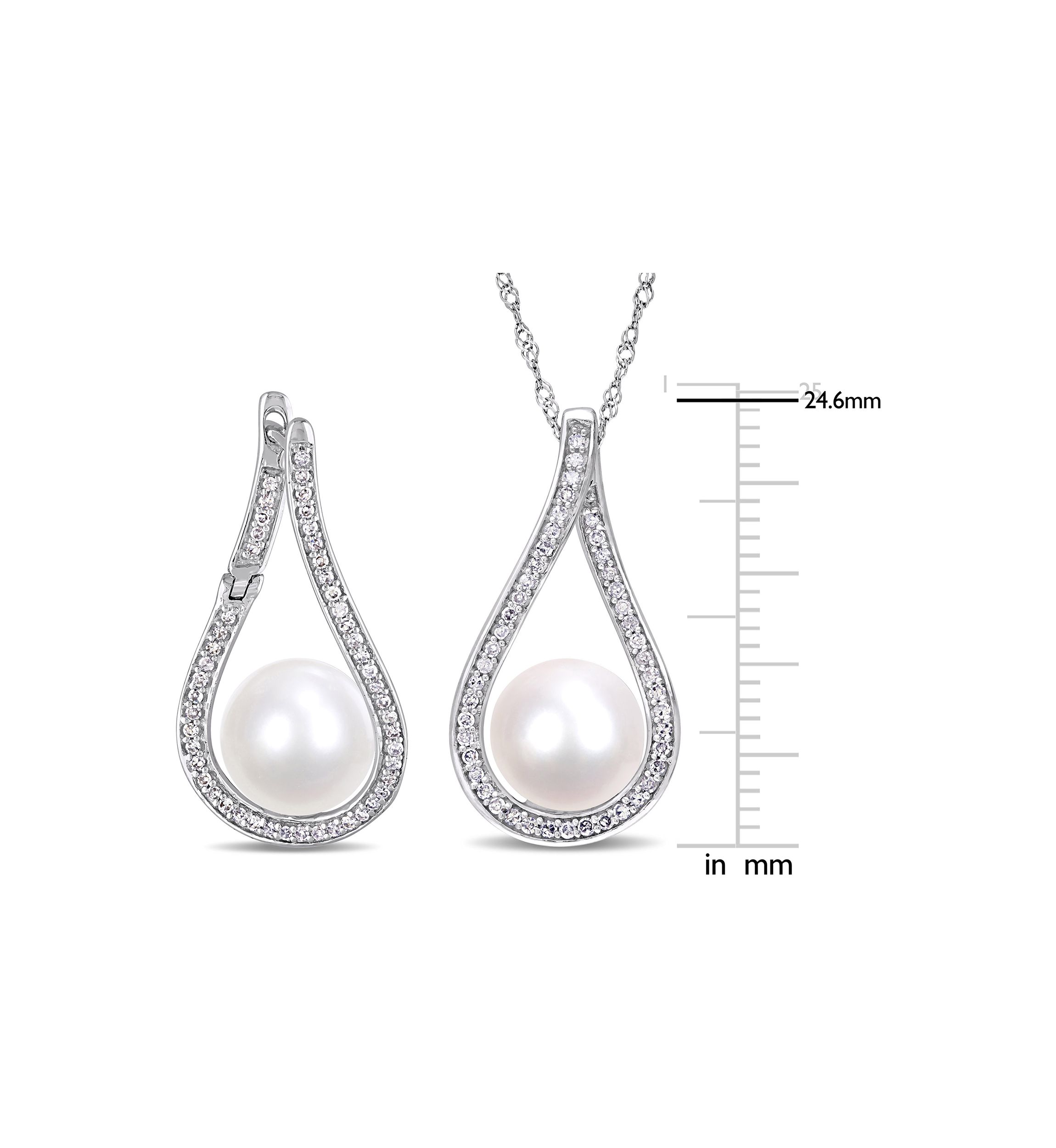 2-Piece Set 9-9.5 Millimeter Cultured Freshwater Pearl And 1/2 ct. t.w. Diamond Teardrop Earrings and Necklace In 14K White Gold