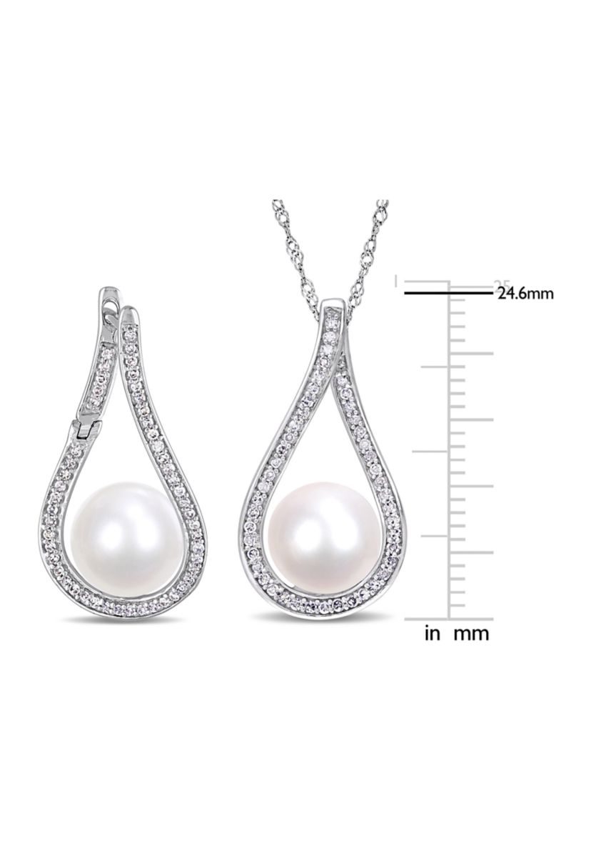 2-Piece Set 9-9.5 Millimeter Cultured Freshwater Pearl And 1/2 ct. t.w. Diamond Teardrop Earrings and Necklace In 14K White Gold