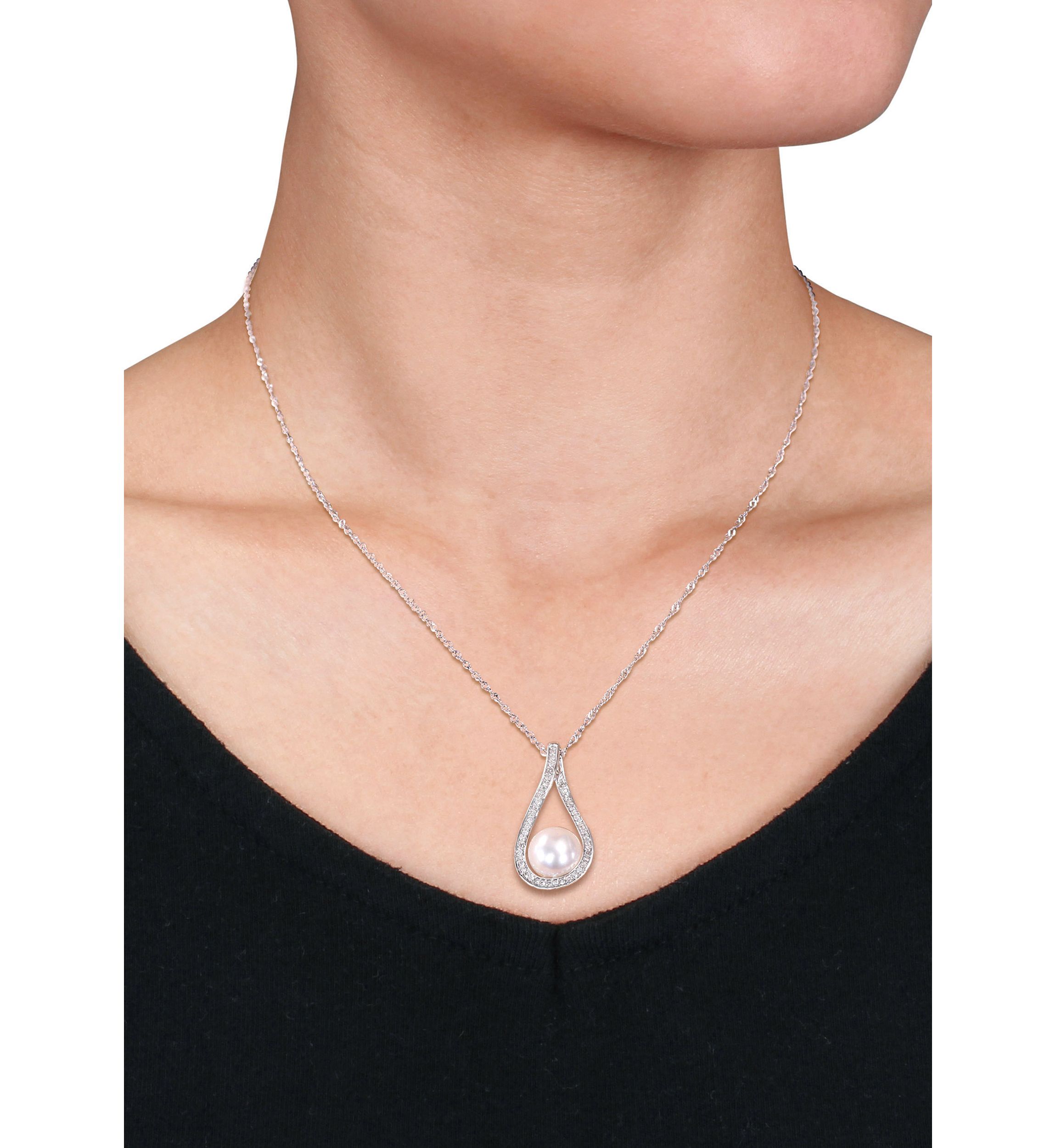 2-Piece Set 9-9.5 Millimeter Cultured Freshwater Pearl And 1/2 ct. t.w. Diamond Teardrop Earrings and Necklace In 14K White Gold