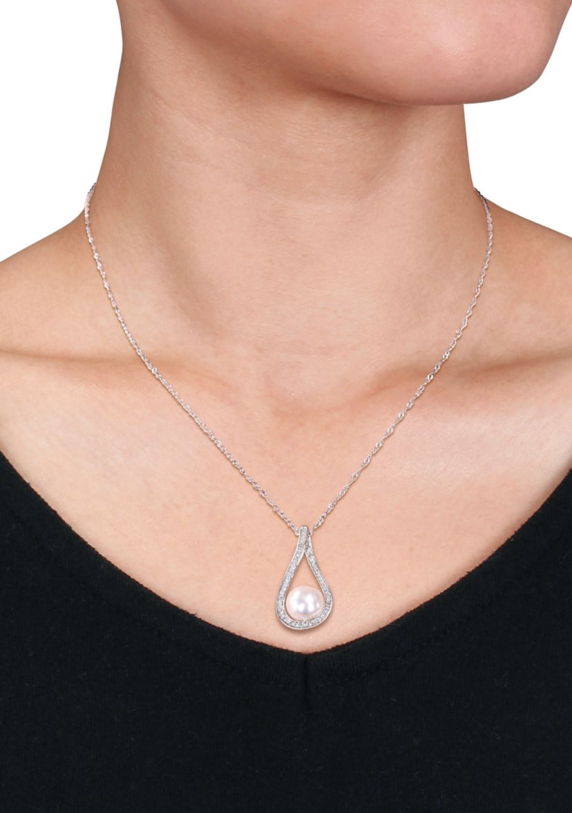 2-Piece Set 9-9.5 Millimeter Cultured Freshwater Pearl And 1/2 ct. t.w. Diamond Teardrop Earrings and Necklace In 14K White Gold