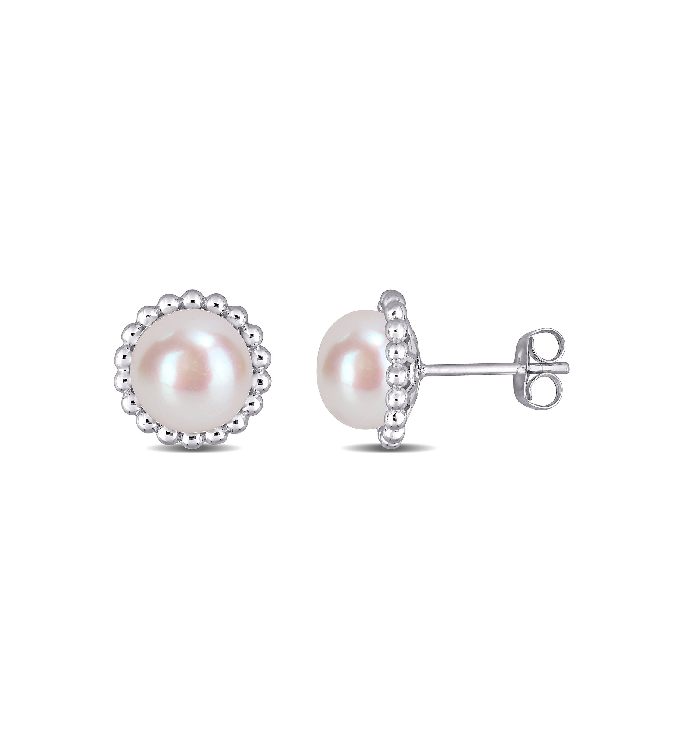 8-8.5 Millimeter Cultured Freshwater Pearl Halo Stud Earrings in 10k White Gold