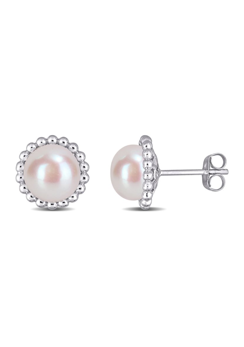 8-8.5 Millimeter Cultured Freshwater Pearl Halo Stud Earrings in 10k White Gold