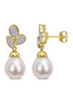 9-9.5 Millimeter Freshwater Cultured Pearl and 1/5 ct. t.w. Diamond Floral Drop Earrings in 10k Yellow Gold