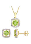 2-Piece Set 2 ct. t.w. Peridot and 1/6 ct. t.w. Diamond Square Halo Necklace and Earrings In 10K Yellow Gold