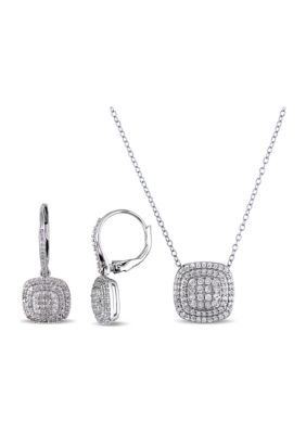 Belk & Co 2-Piece Set 1 ct. t.w. Diamond Layered Halo Earrings and Necklace In Sterling Silver, White