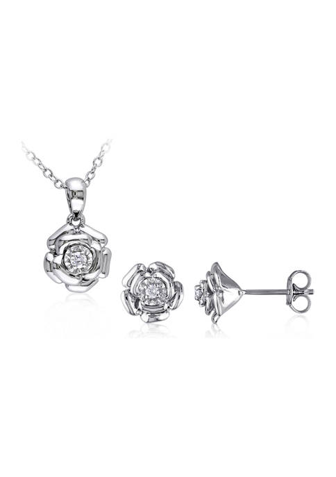 2-Piece Set 1/10 ct. t.w.Diamond Floral Necklace and Stud Earrings In Sterling Silver