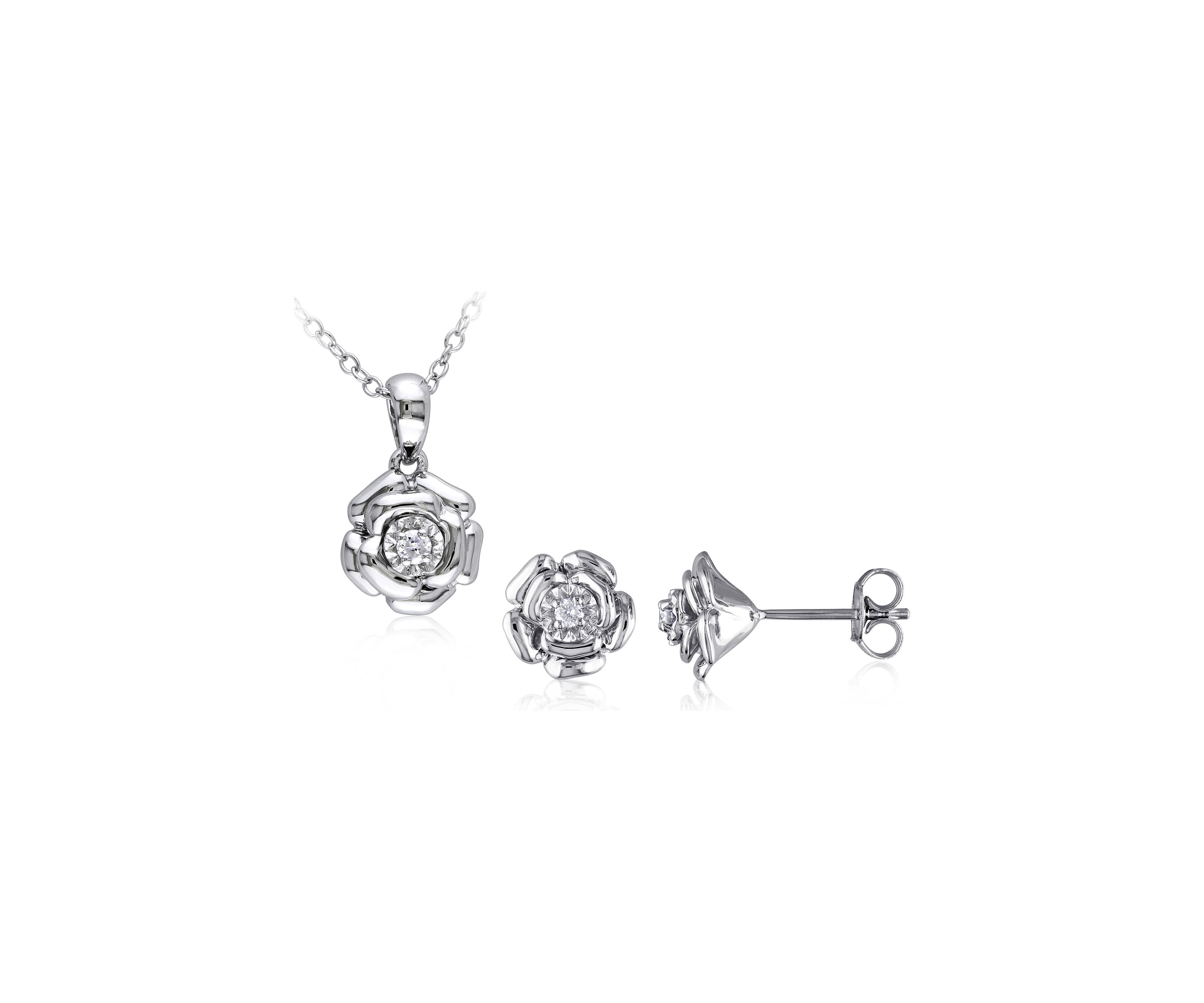 2-Piece Set 1/10 ct. t.w.Diamond Floral Necklace and Stud Earrings In Sterling Silver