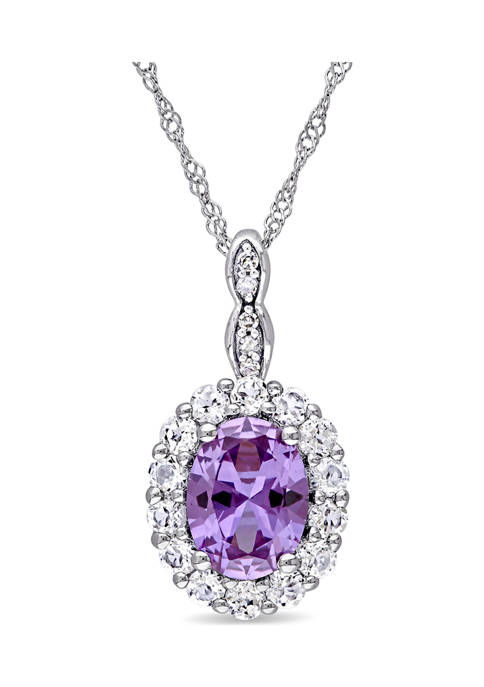 Created Alexandrite, White Topaz and Diamond Accent Oval Vintage Pendant With Chain in 14k White Gold