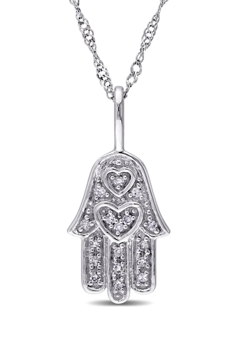 Diamond Accent Hamsa Pendant with Chain in 14k White Gold