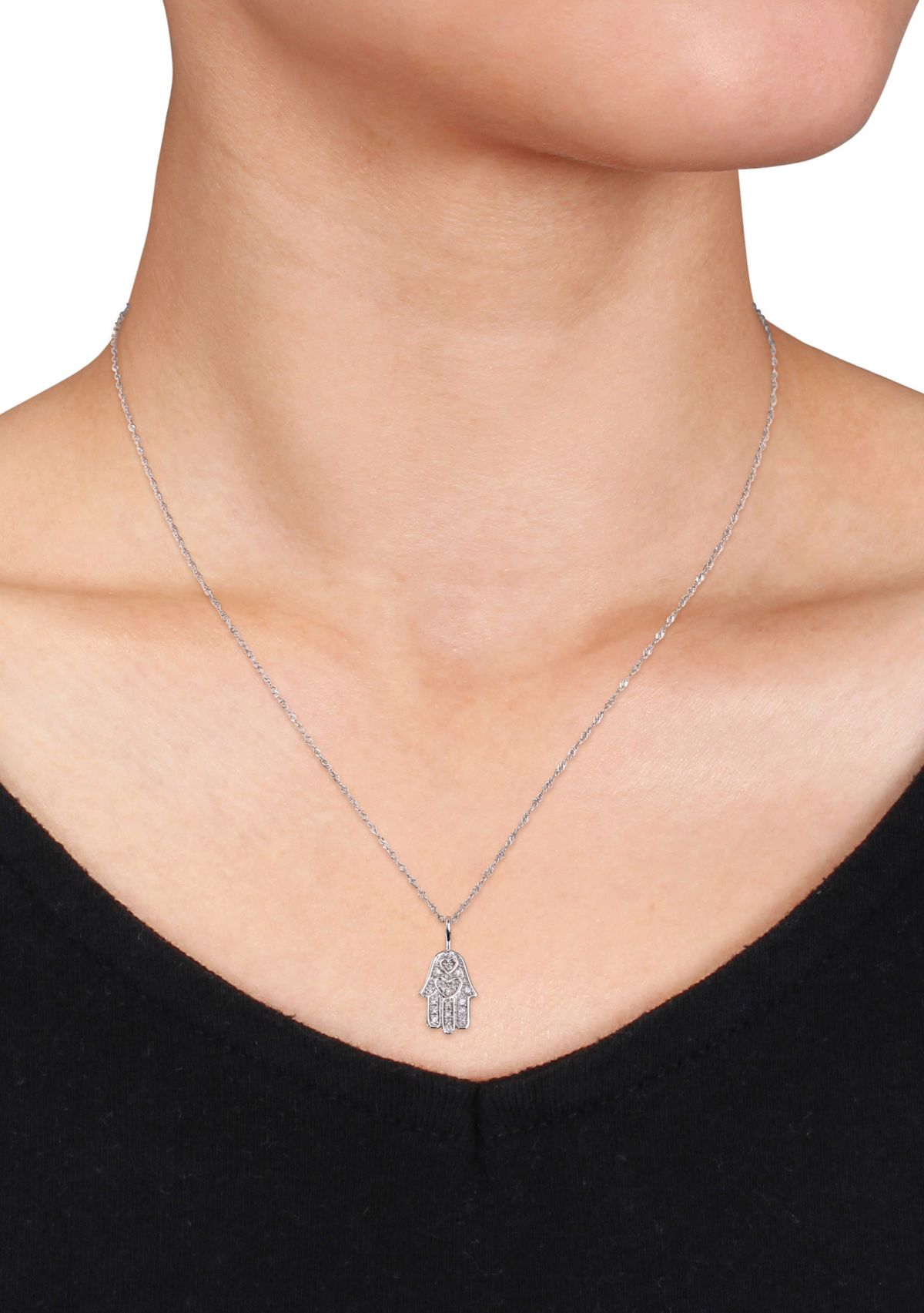 Diamond Accent Hamsa Pendant with Chain in 14k White Gold