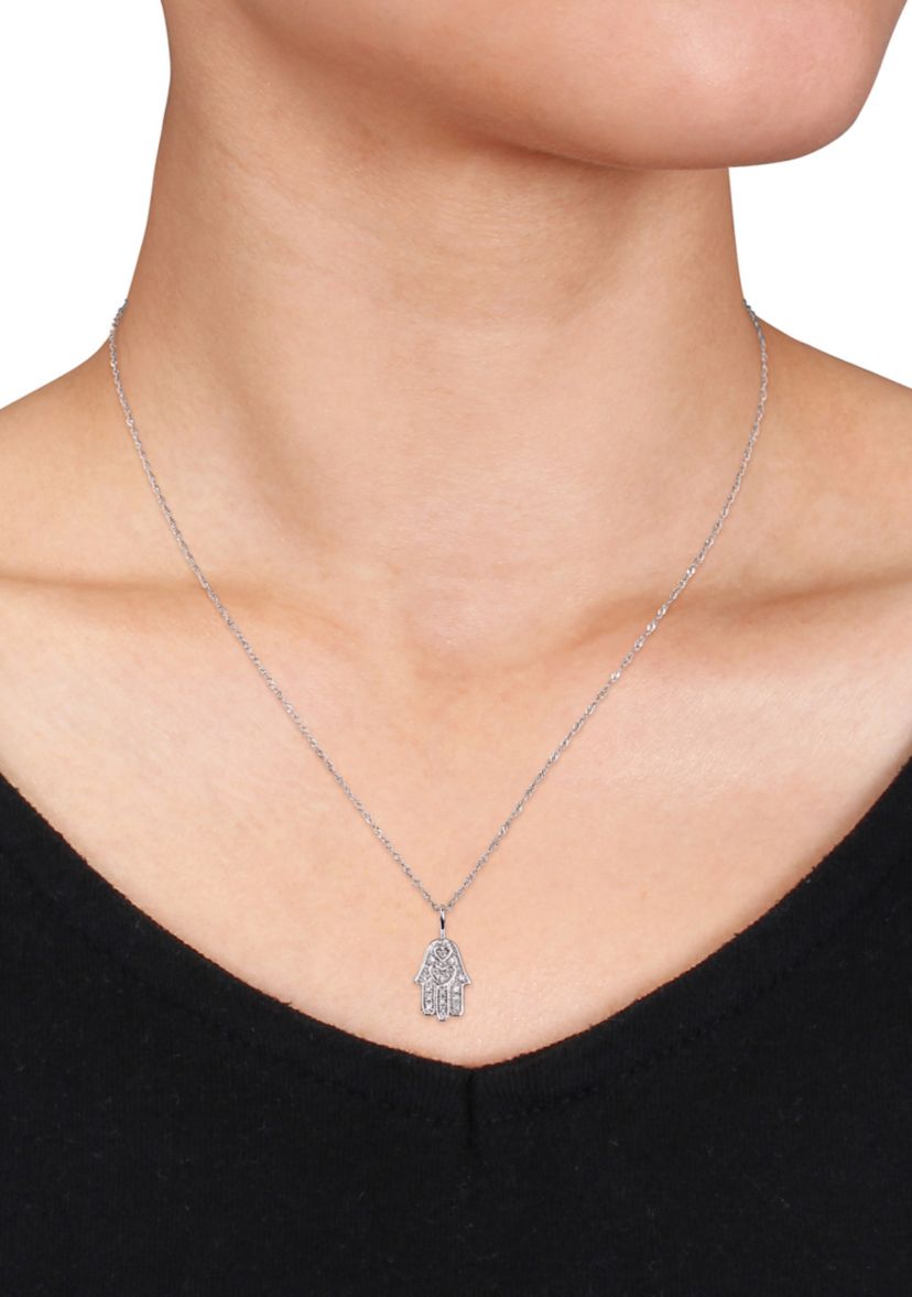 Diamond Accent Hamsa Pendant with Chain in 14k White Gold