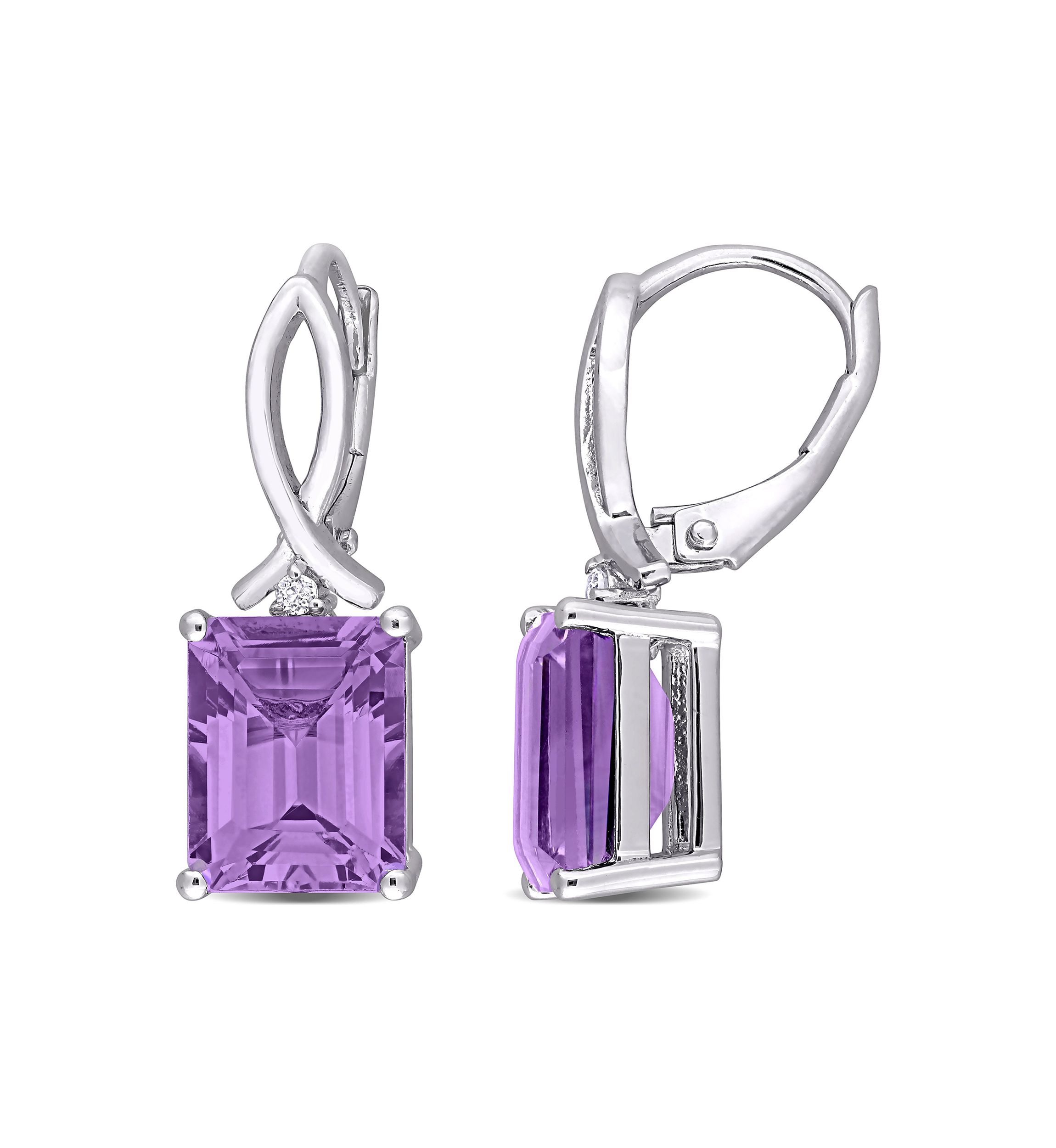 6.46 ct. t.g.w. Octagon Amethyst and White Topaz Leverback Earrings in Sterling Silver