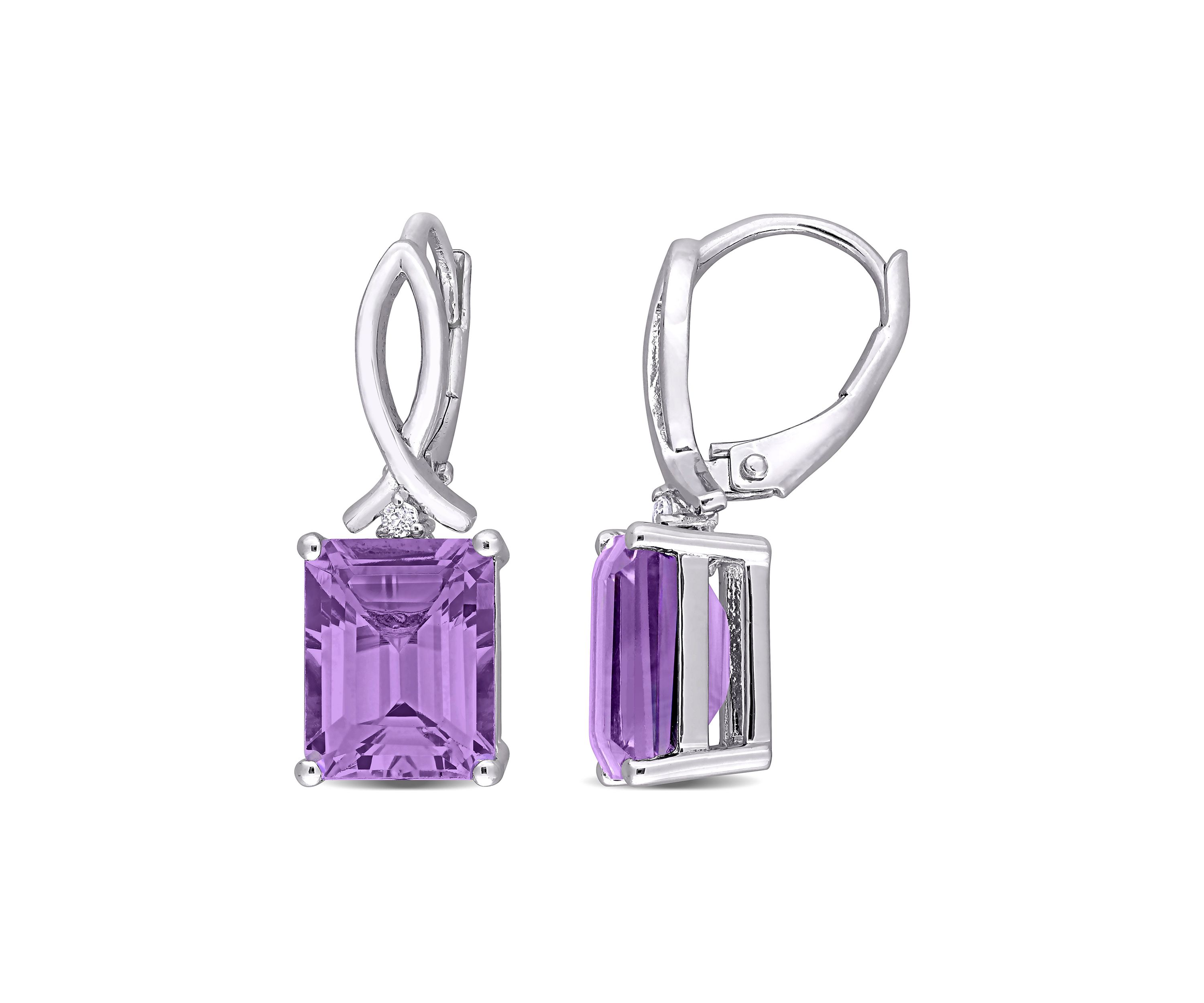 6.46 ct. t.g.w. Octagon Amethyst and White Topaz Leverback Earrings in Sterling Silver