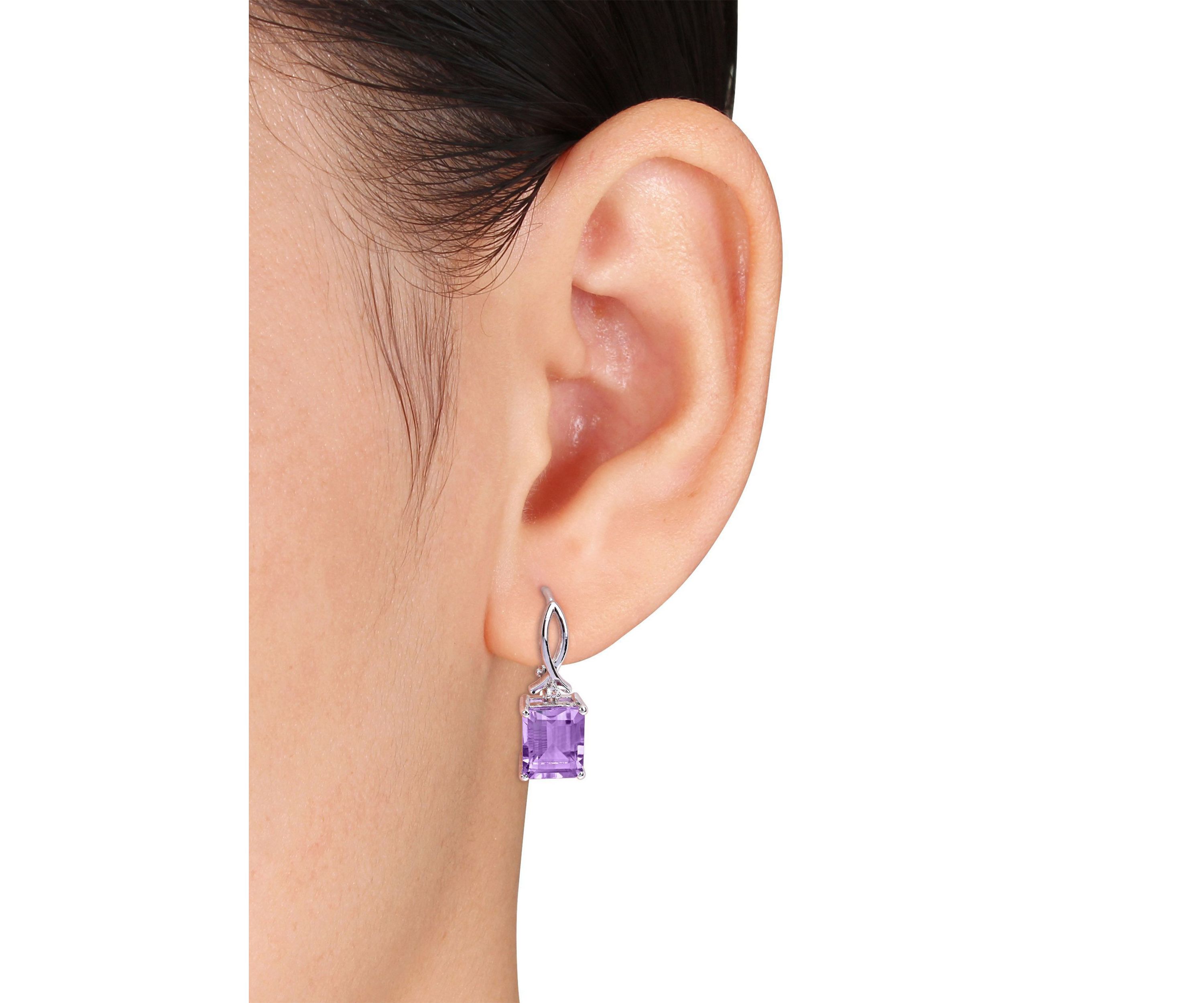 6.46 ct. t.g.w. Octagon Amethyst and White Topaz Leverback Earrings in Sterling Silver
