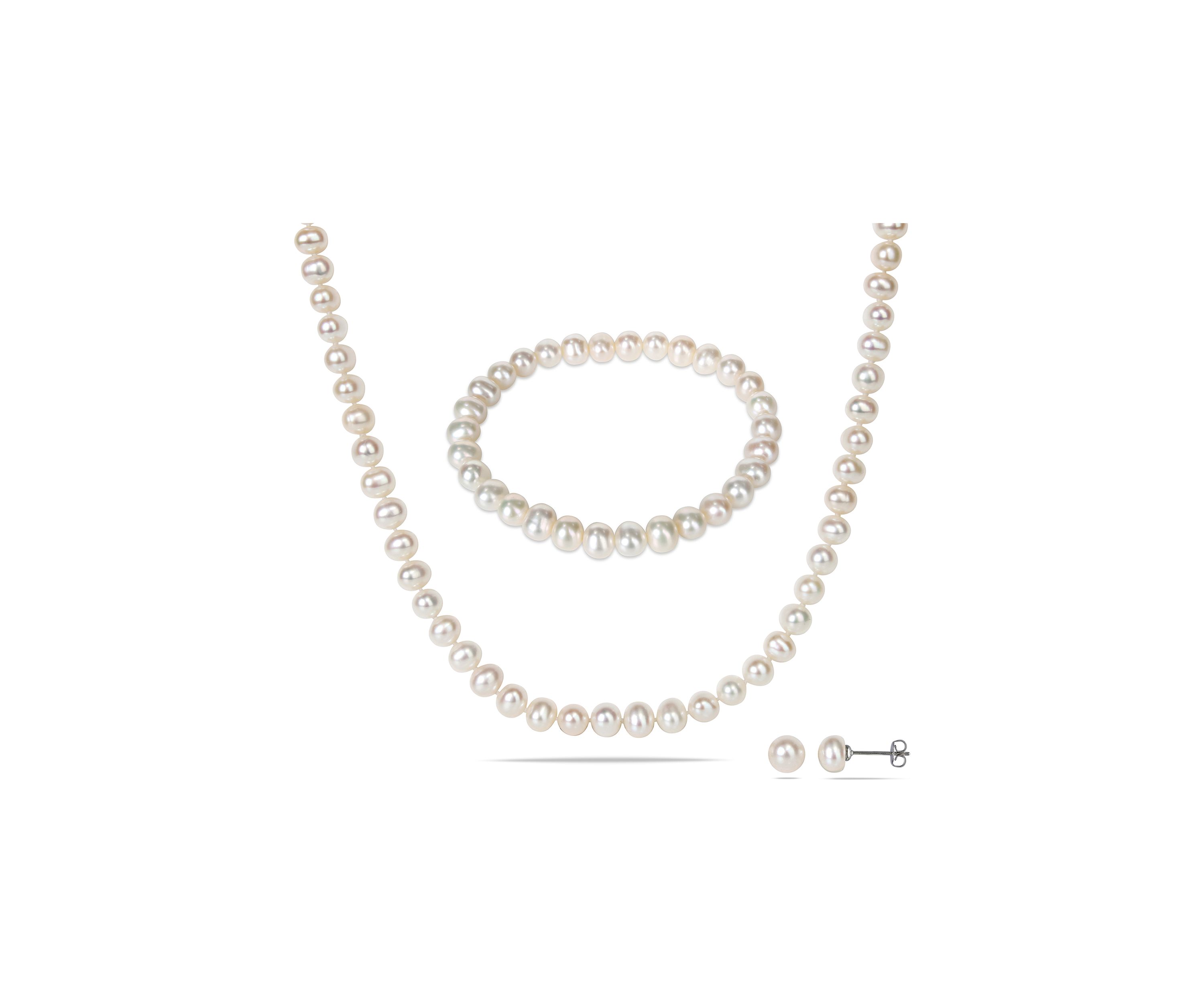 3-Piece Freshwater Cultured Pearl Bracelet, Necklace, and Earring Set