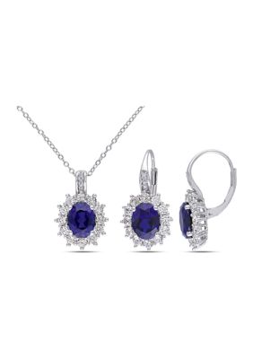 Belk & Co 2-Piece Created Blue and White Sapphire and Diamond Halo Necklace and Earrings in Sterling Silver