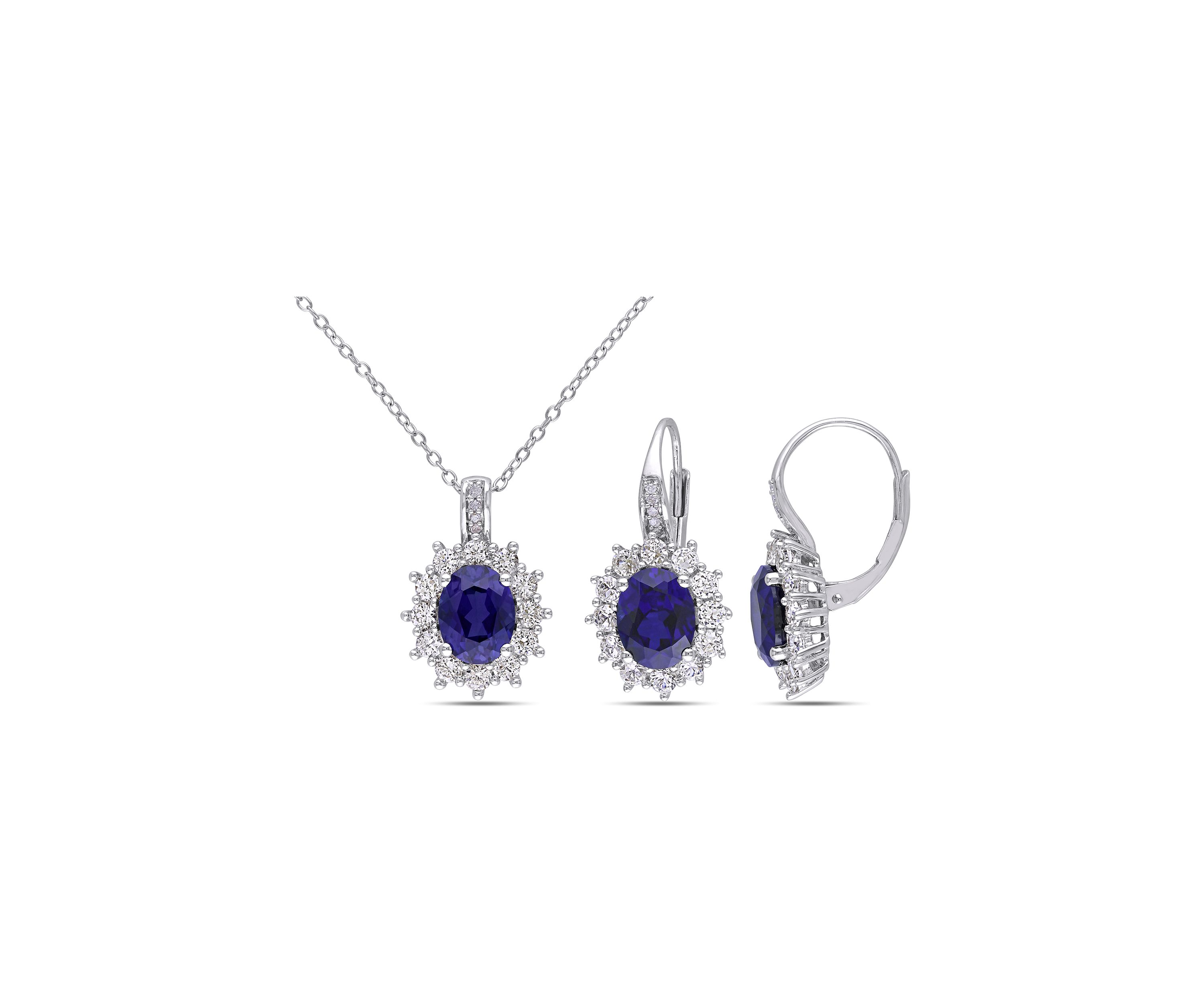 2-Piece Created Blue and White Sapphire and Diamond Halo Necklace and Earrings in Sterling Silver