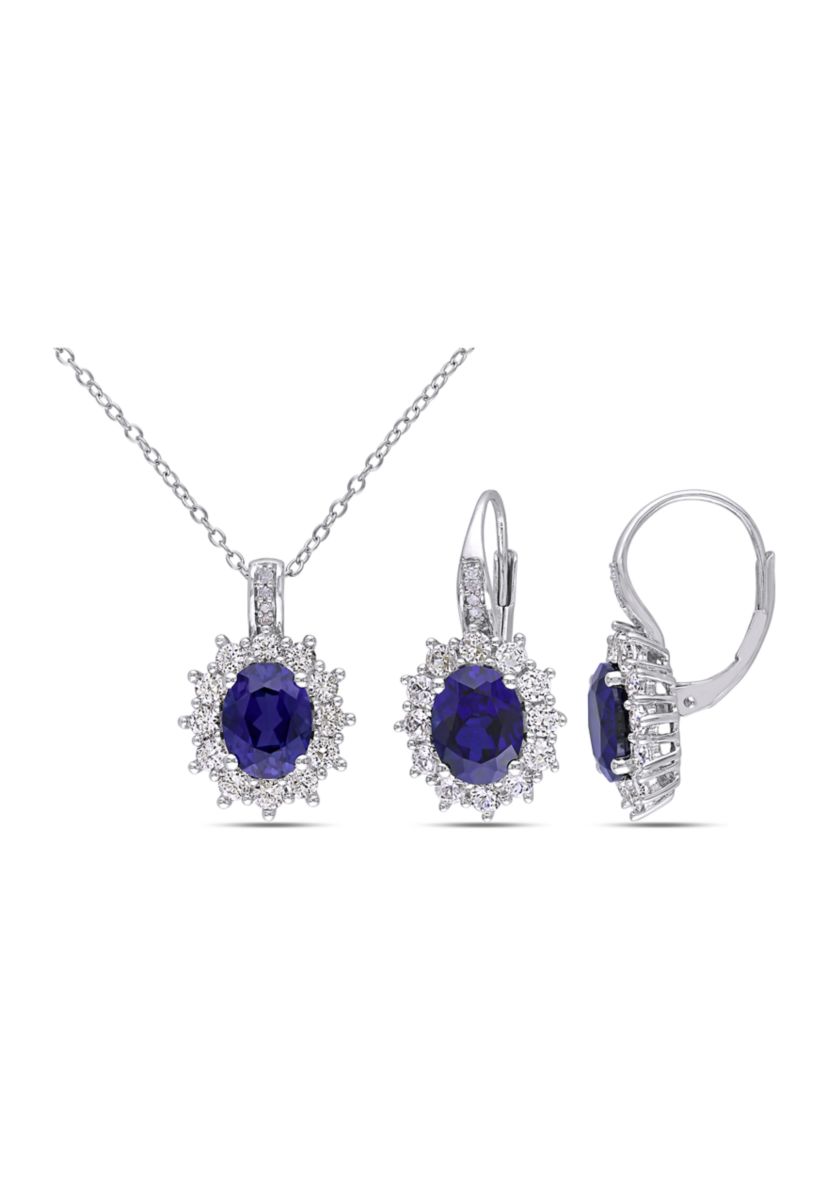 2-Piece Created Blue and White Sapphire and Diamond Halo Necklace and Earrings in Sterling Silver