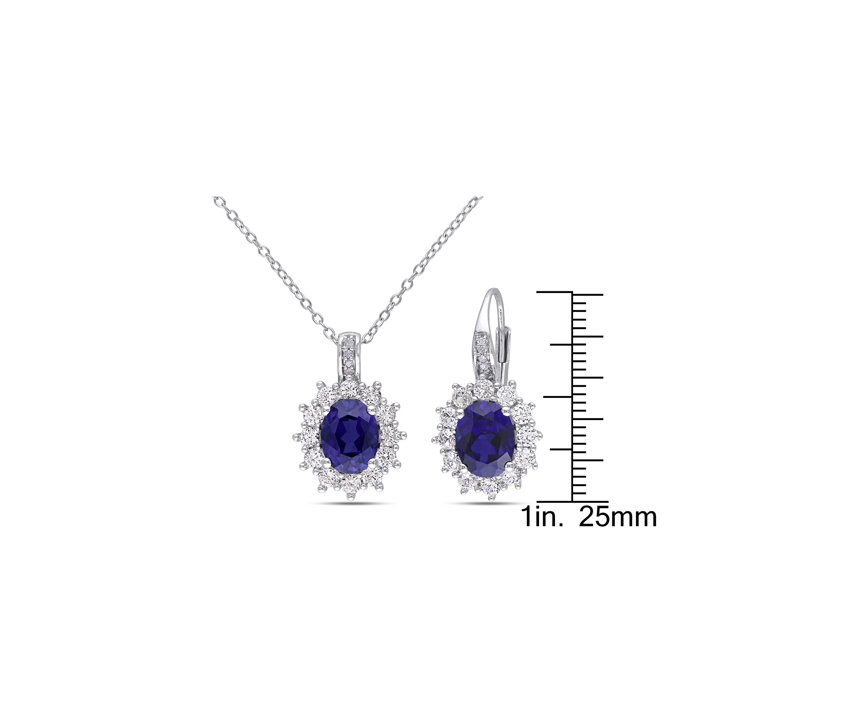 2-Piece Created Blue and White Sapphire and Diamond Halo Necklace and Earrings in Sterling Silver