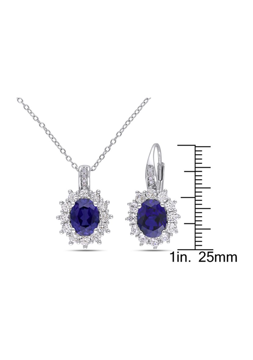 2-Piece Created Blue and White Sapphire and Diamond Halo Necklace and Earrings in Sterling Silver
