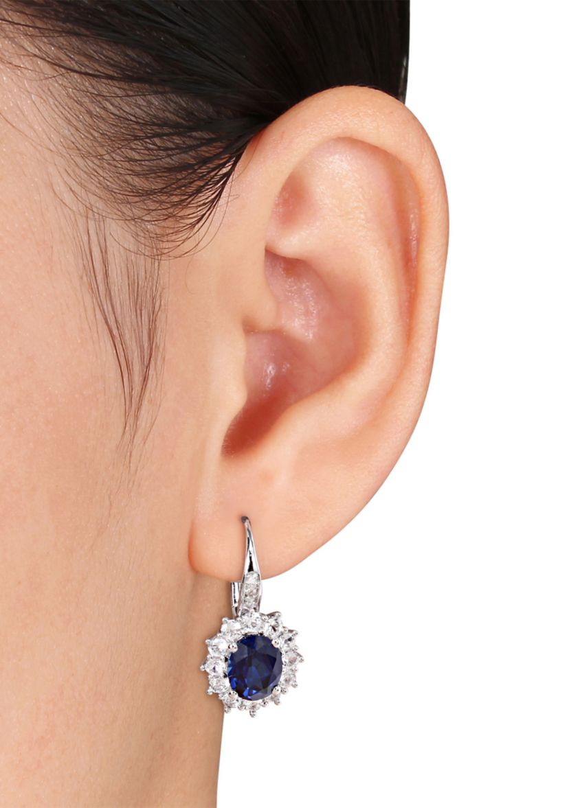 2-Piece Created Blue and White Sapphire and Diamond Halo Necklace and Earrings in Sterling Silver