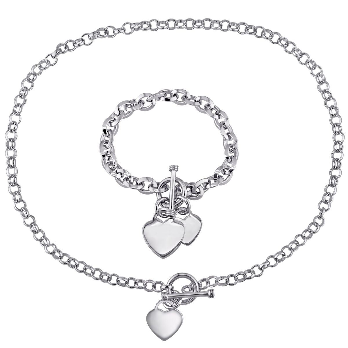 Circle Link Heart Charm Necklace and Bracelet 2-Piece Set in Sterling Silver