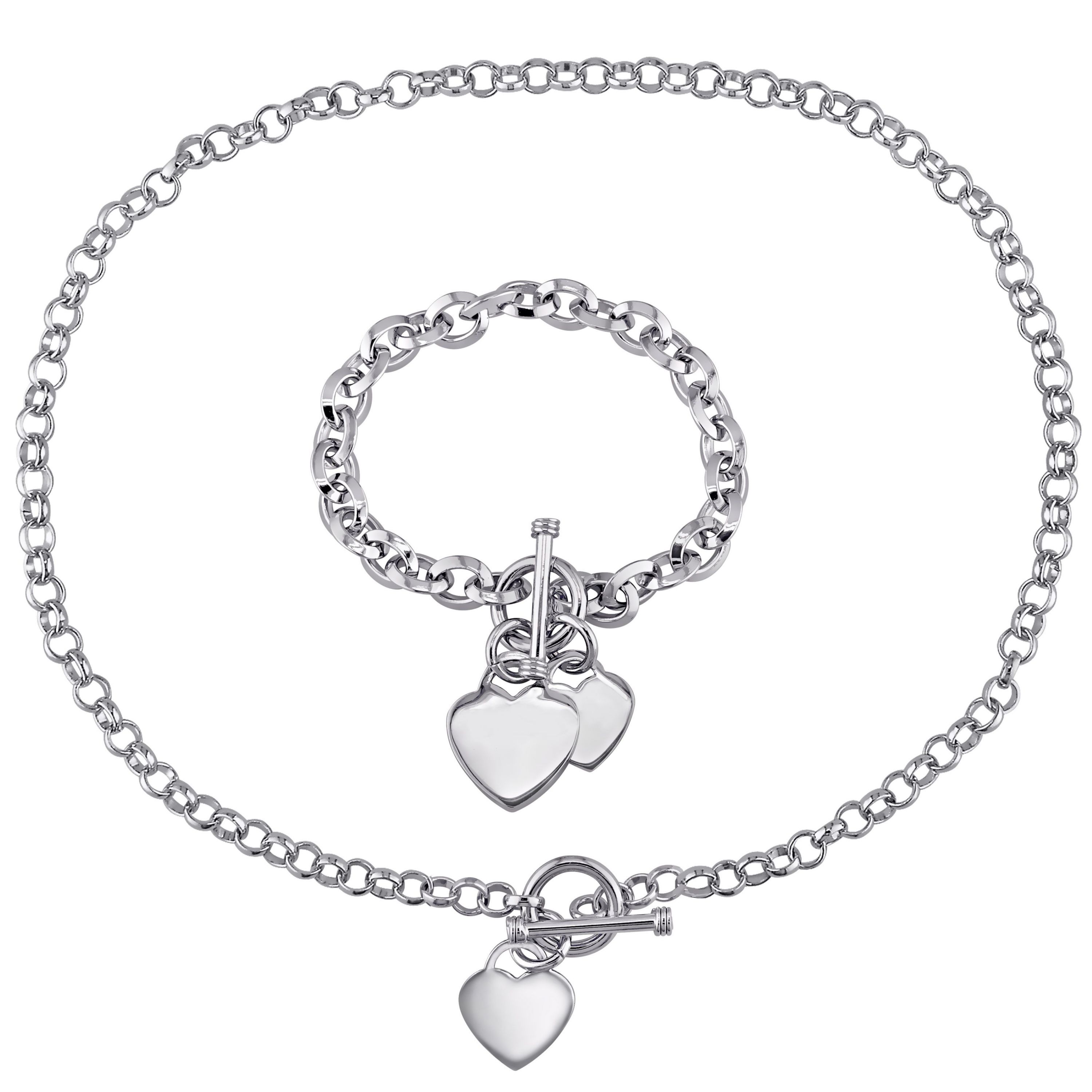 Circle Link Heart Charm Necklace and Bracelet 2-Piece Set in Sterling Silver