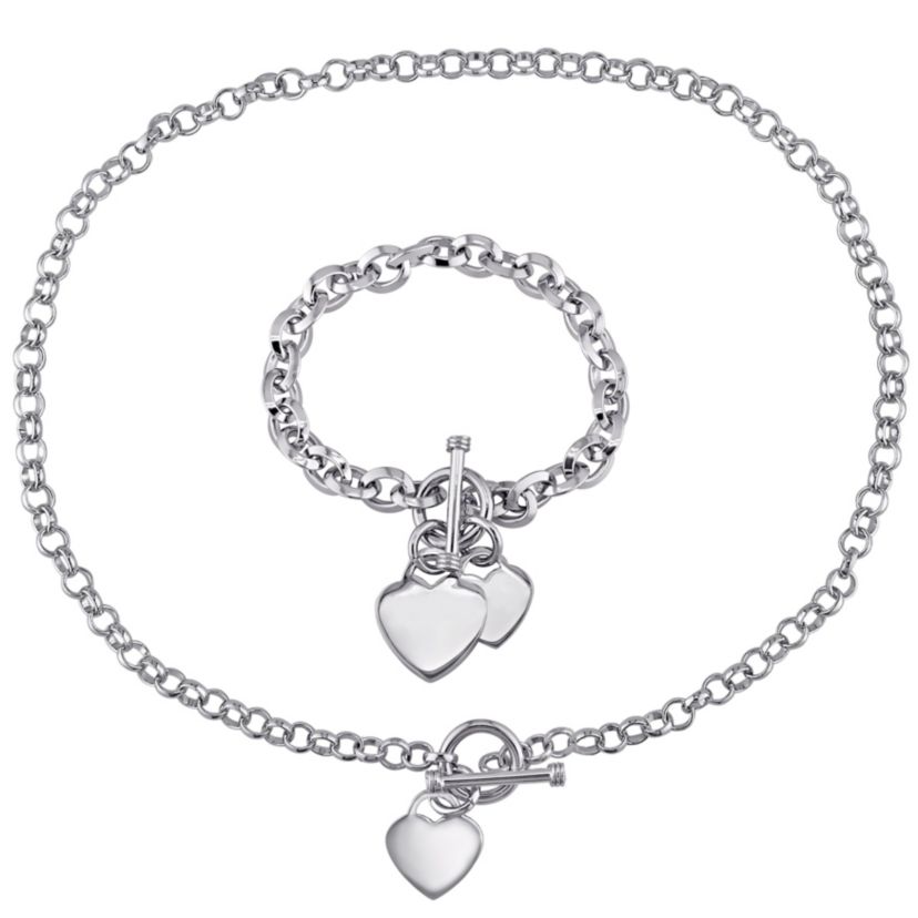 Circle Link Heart Charm Necklace and Bracelet 2-Piece Set in Sterling Silver