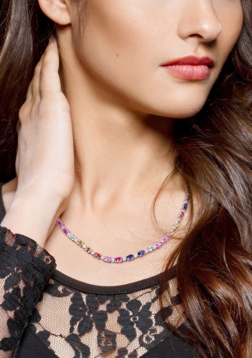 24.5 ct. t.w. Multi-Color Created Sapphire Tennis Necklace in Sterling Silver