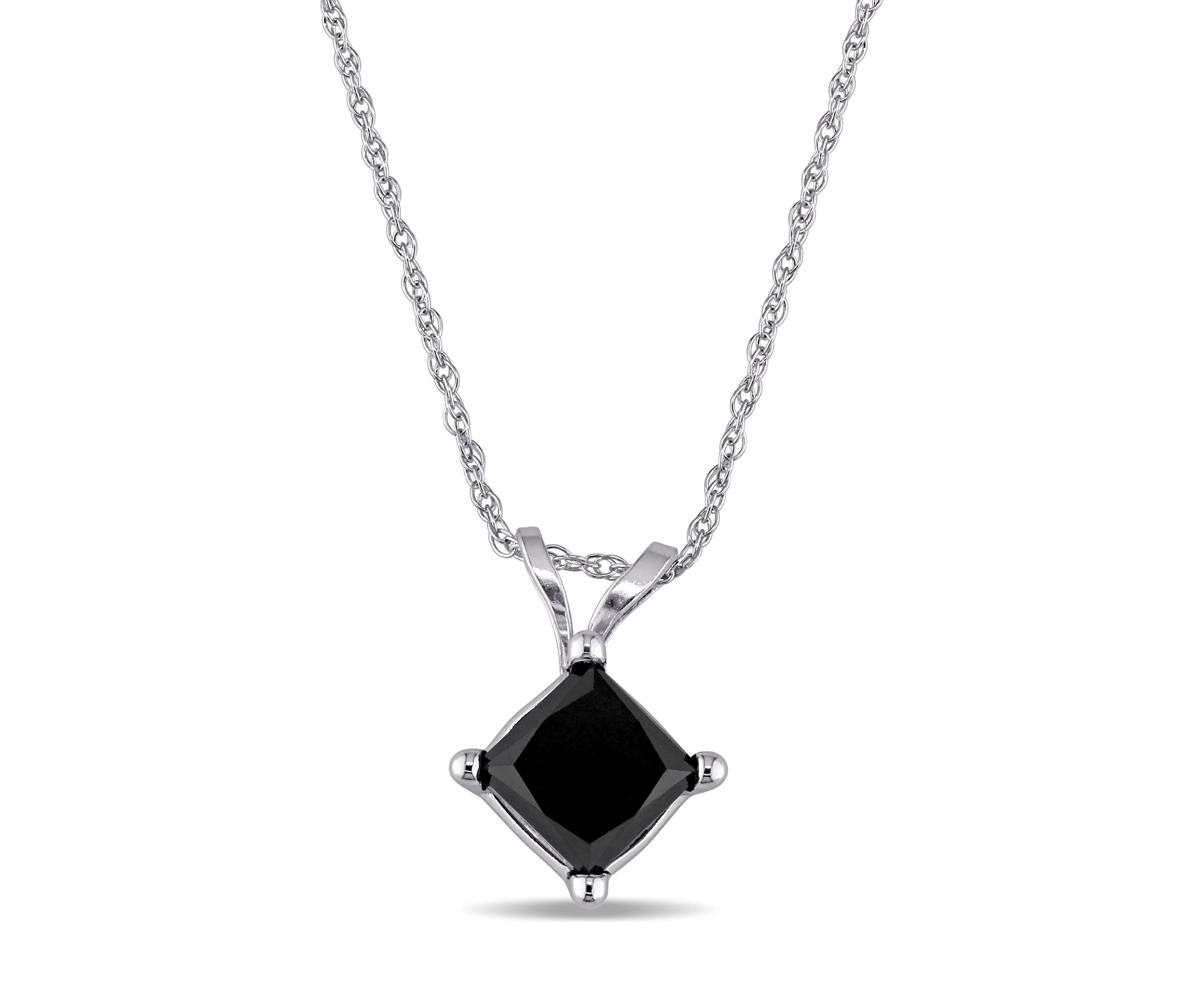 1 ct. t.w. Black Diamond Princess Cut Solitaire Pendant with Chain in 10k White Gold
