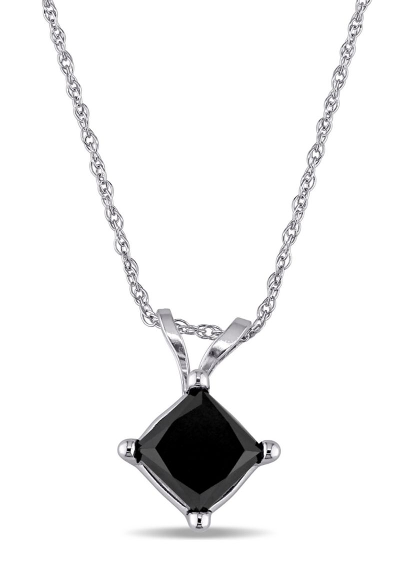 1 ct. t.w. Black Diamond Princess Cut Solitaire Pendant with Chain in 10k White Gold