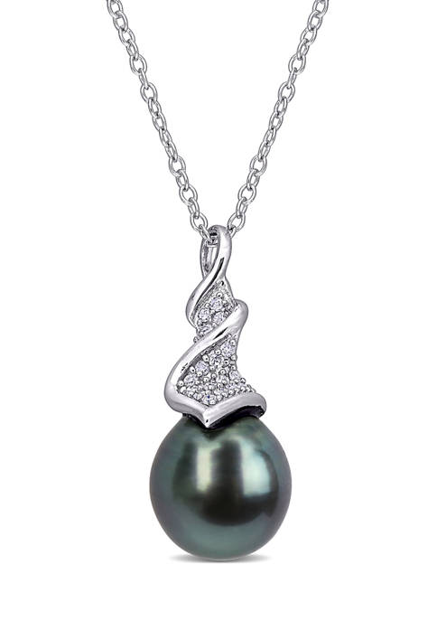 9.5 Millimeter Tahitian Cultured Pearl and 1/10 ct. t.w. Diamond Twist Necklace in Sterling Silver
