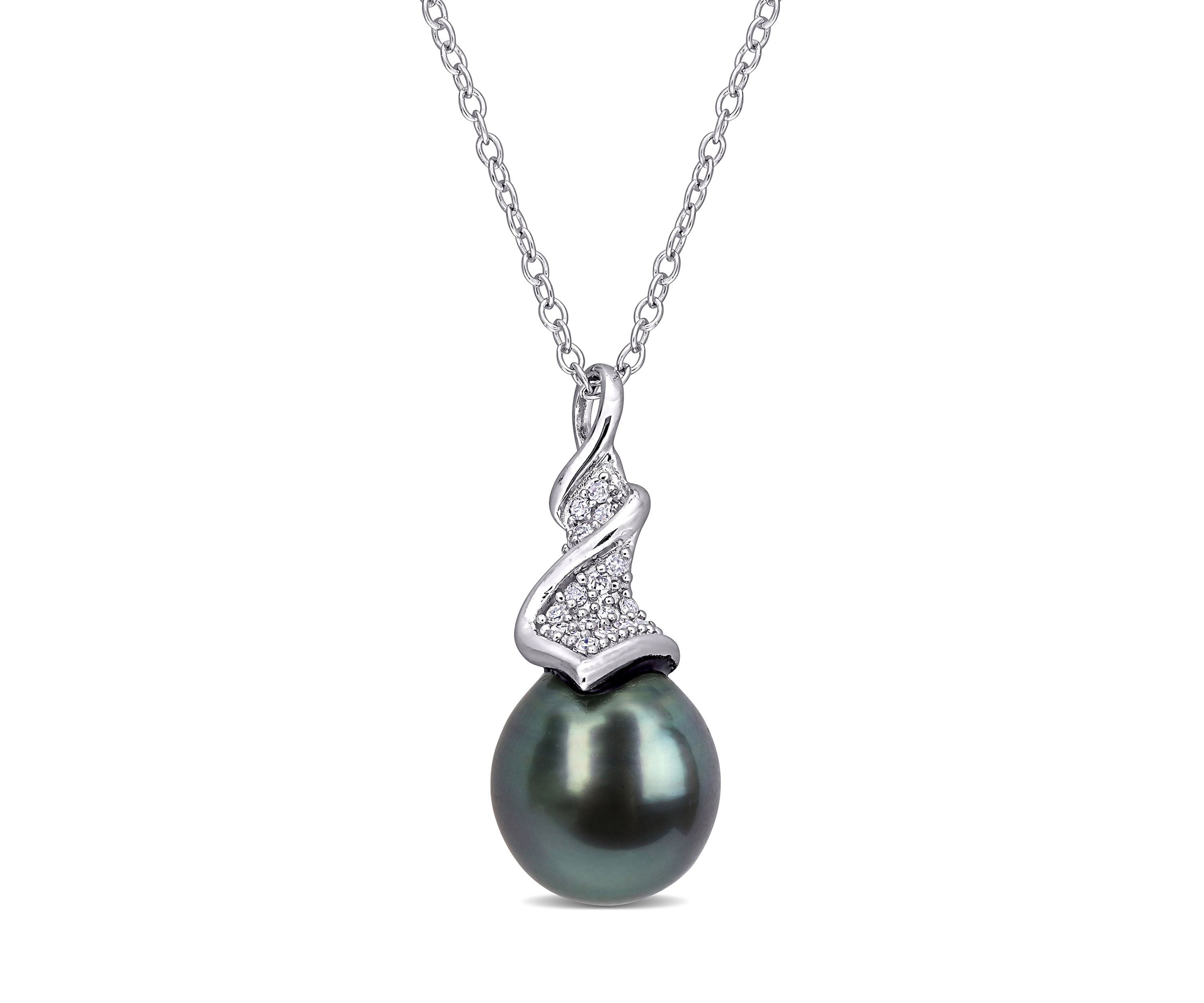 9.5 Millimeter Tahitian Cultured Pearl and 1/10 ct. t.w. Diamond Twist Necklace in Sterling Silver