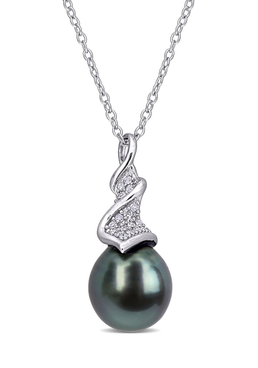 9.5 Millimeter Tahitian Cultured Pearl and 1/10 ct. t.w. Diamond Twist Necklace in Sterling Silver