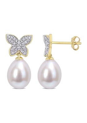 Belk & Co 9 Millimeter Freshwater Cultured Pearl and 1/8 ct. t.w. Diamond Butterfly Drop Earrings in 10k Yellow Gold