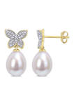 9 Millimeter Freshwater Cultured Pearl and 1/8 ct. t.w. Diamond Butterfly Drop Earrings in 10k Yellow Gold