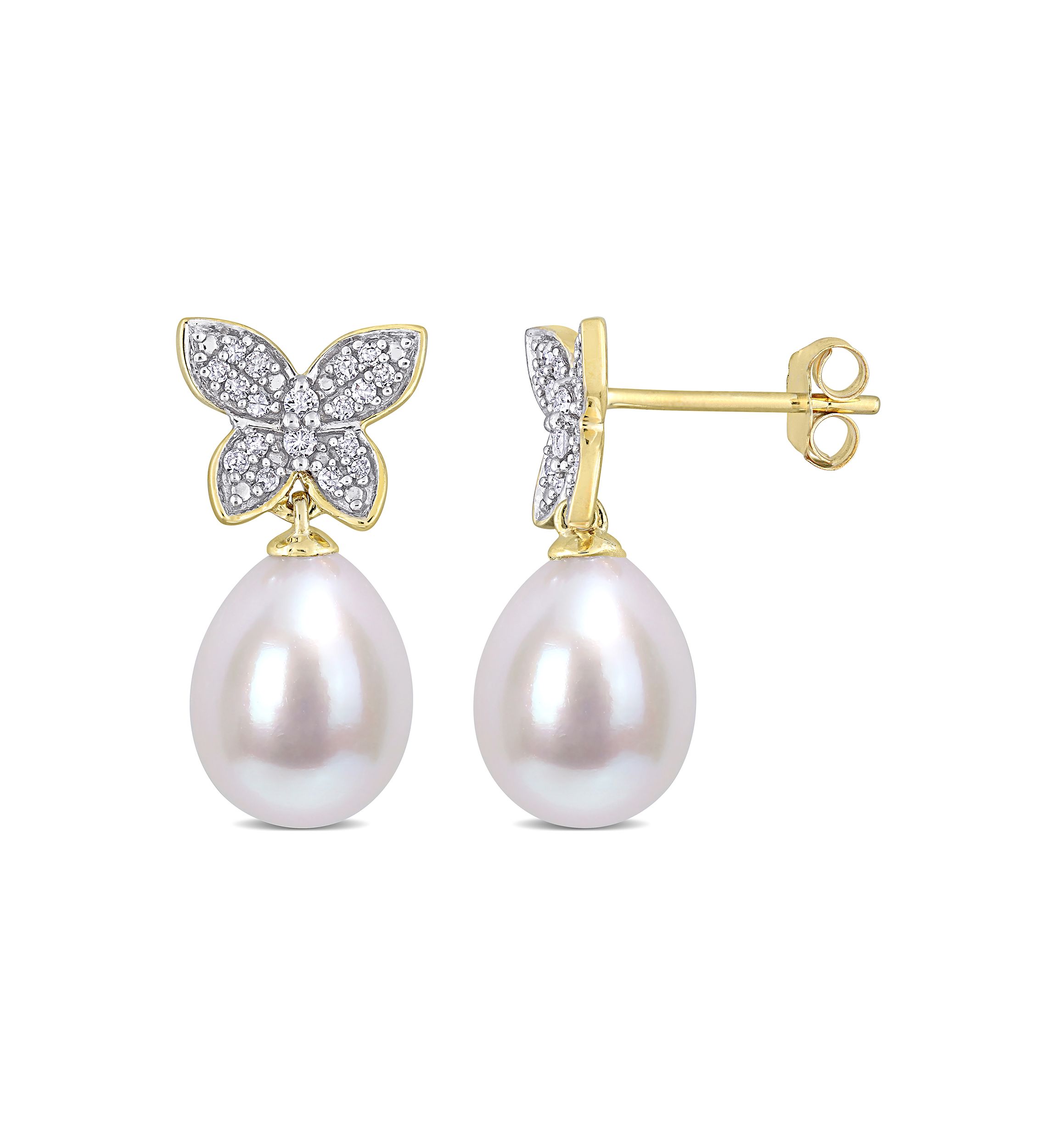 9 Millimeter Freshwater Cultured Pearl and 1/8 ct. t.w. Diamond Butterfly Drop Earrings in 10k Yellow Gold