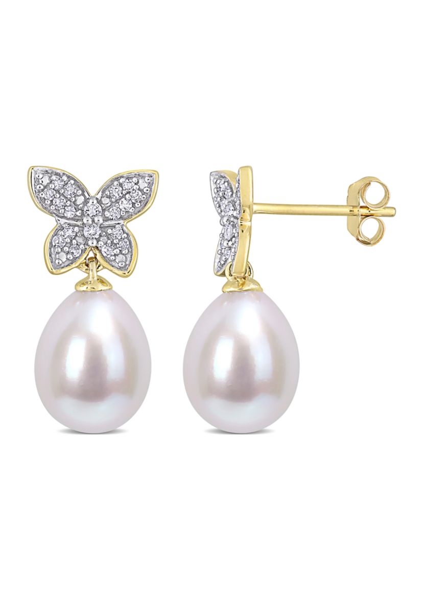 9 Millimeter Freshwater Cultured Pearl and 1/8 ct. t.w. Diamond Butterfly Drop Earrings in 10k Yellow Gold