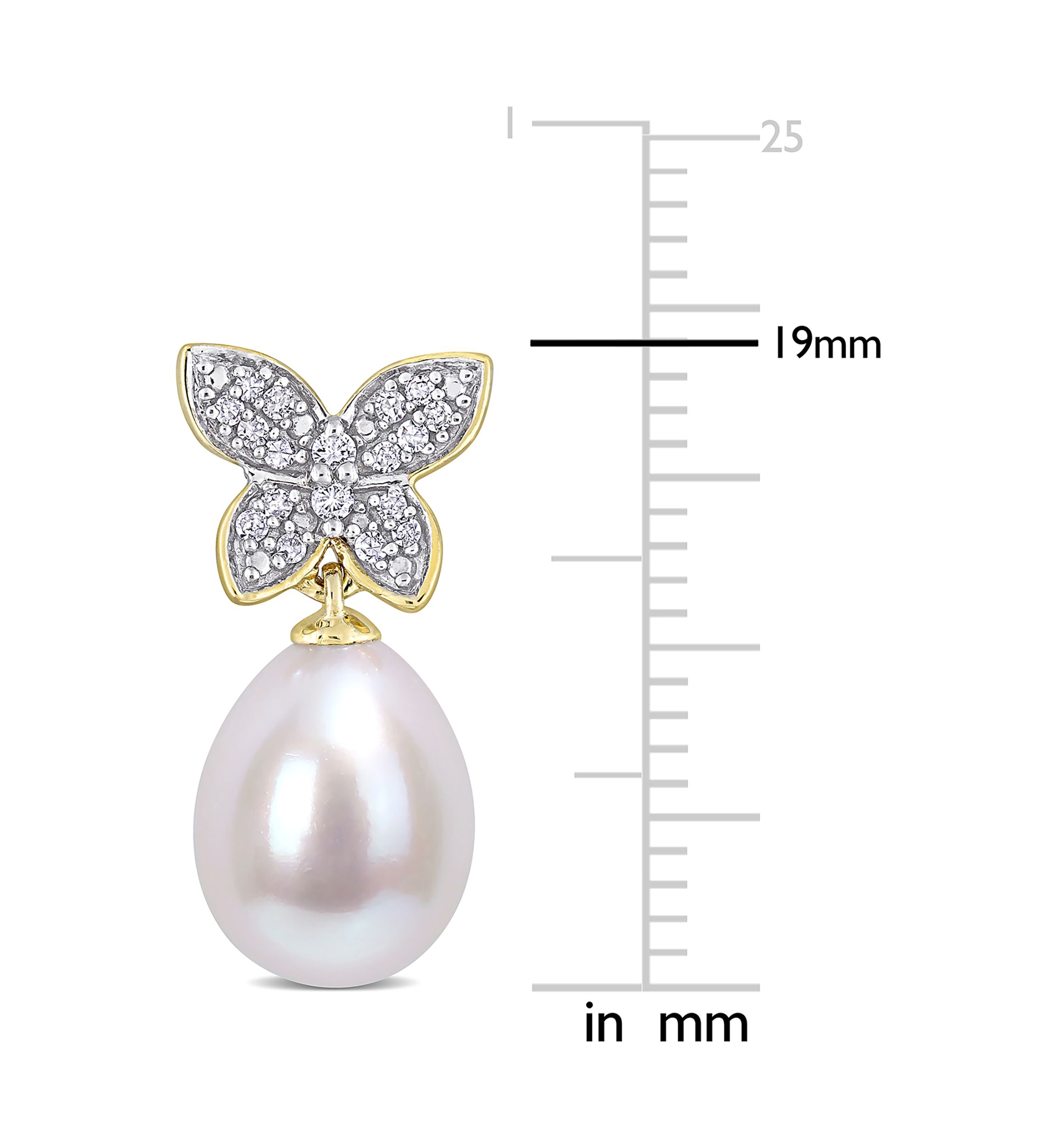 9 Millimeter Freshwater Cultured Pearl and 1/8 ct. t.w. Diamond Butterfly Drop Earrings in 10k Yellow Gold