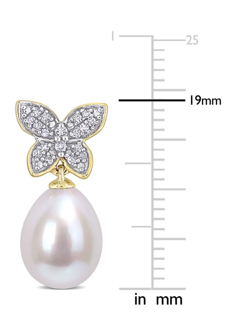 9 Millimeter Freshwater Cultured Pearl and 1/8 ct. t.w. Diamond Butterfly Drop Earrings in 10k Yellow Gold