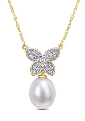 Belk & Co 10 Millimeter Freshwater Cultured Pearl And 1/8 Ct. T.w. Diamond Butterfly Drop Necklace In 10K Yellow Gold