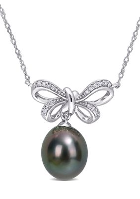 Belk & Co 9 Millimeter Tahitian Cultured Pearl And 1/10 Ct. T.w. Diamond-Accent Bow Necklace In 10K White Gold