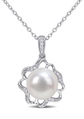 Belk & Co 10 Millimeter Freshwater Cultured Pearl and 1/10 ct. t.w. Diamond-Accent Floral Necklace in Sterling Silver, White