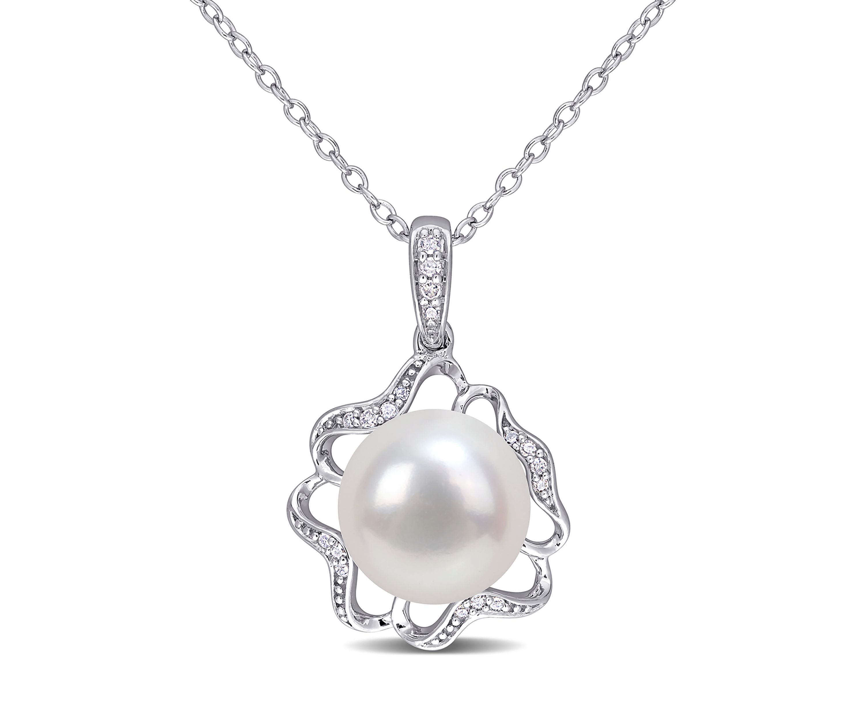 10 Millimeter Freshwater Cultured Pearl and 1/10 ct. t.w. Diamond-Accent Floral Necklace in Sterling Silver